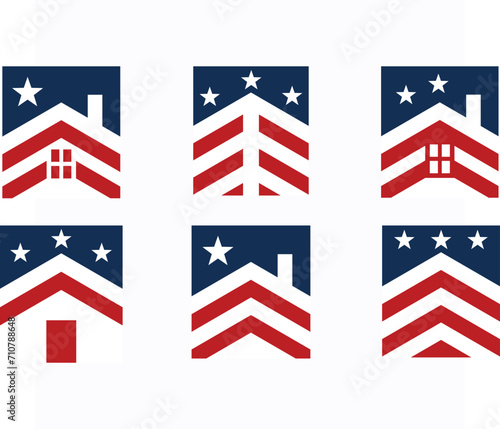 A Patriotic Real Estate Logos Series - A Collection of House Silhouettes with American Flag Elements, Symbolizing National Pride in Homeownership