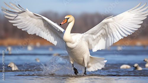 Fototapeta Naklejka Na Ścianę i Meble -  swan on blue lake water in sunny day, swans on pond, nature series