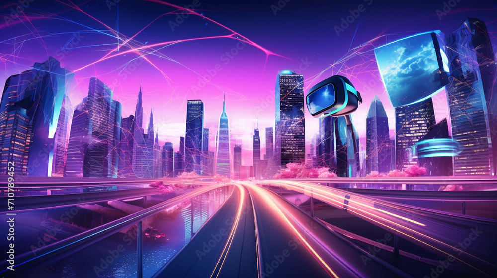 neon town with skyscrapers and monorail train on bridge view through VR glasses