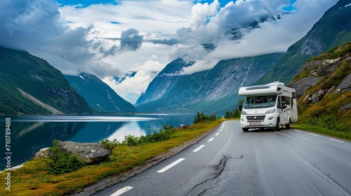 RV Camper Van on the Scenic Norwegian Mountain Road © Zahid