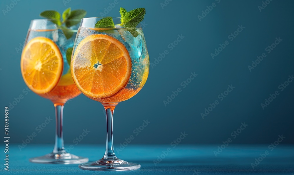 Fototapeta premium Blue background with blue transparent drink with ice.