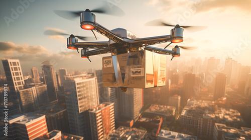 Drone with a box against the backdrop of a cityscape at sunset, delivering goods using drones.