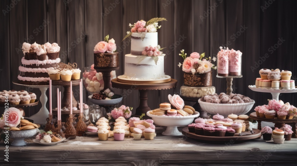 Fototapeta premium a table topped with lots of different types of cakes and cupcakes on top of cakes and muffins.