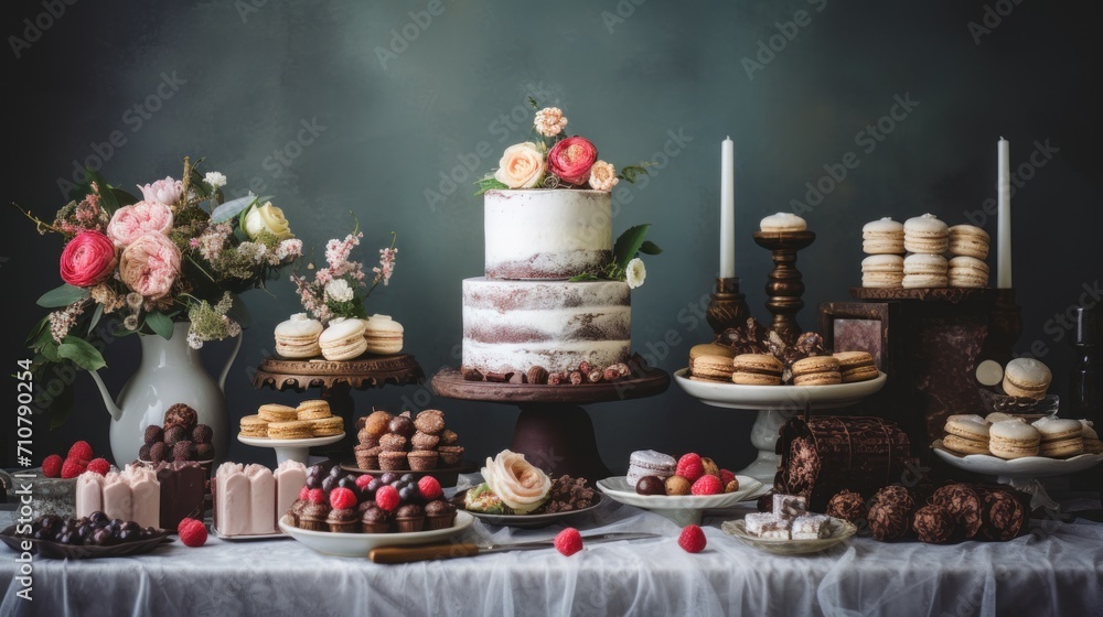  a table topped with cakes and desserts next to a vase of flowers and a vase of flowers on top of a table.