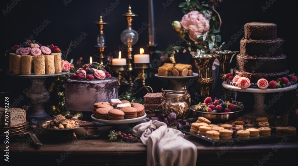  a table topped with cakes and desserts next to a candle and a vase filled with flowers and greenery.