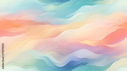  an abstract painting with pastel colors of blue, pink, yellow, and orange on a light blue background.