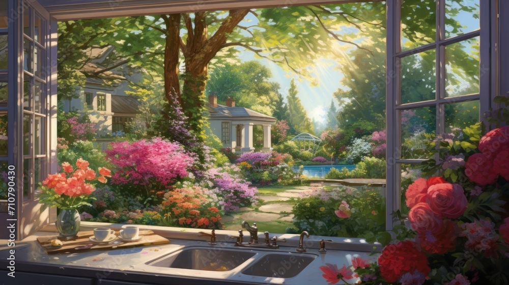  a painting of a garden outside of a window with a sink and a window sill in front of it.