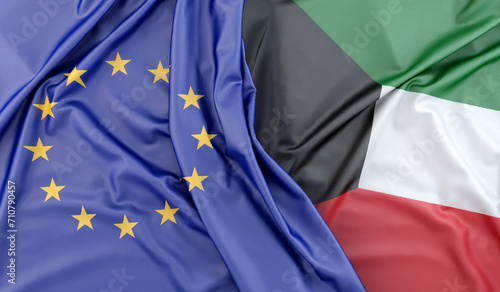 Ruffled Flags of European Union and Kuwait. 3D Rendering