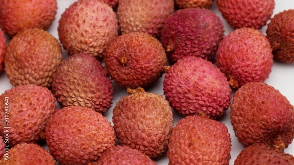 Lychee fruits, rotation in circle. tropical fruit lychee, Turning. selective focus.  