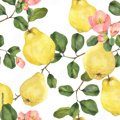 Watercolor quince seamless pattern. Quince fruits, leaves and flowers. Hand drawn on black background perfect for packaging, invitations photo