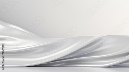 Pristine white display stage adorned with flowing silver drapes in backdrop, Premium showcase mockup template for Beauty, Cosmetic, Luxury products, with copy space for text