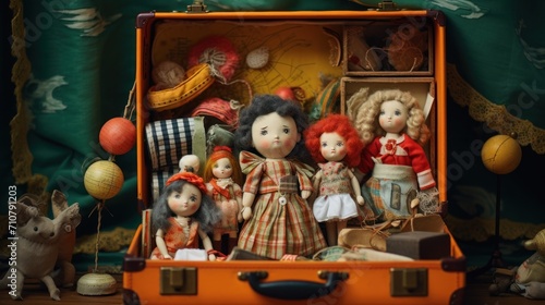  a group of dolls sitting inside of a suitcase on top of a table next to a cat and a dog. © Olga