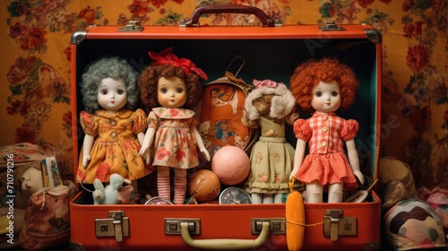  a red suitcase filled with dolls sitting on top of a table next to a wallpaper covered with wallpaper.