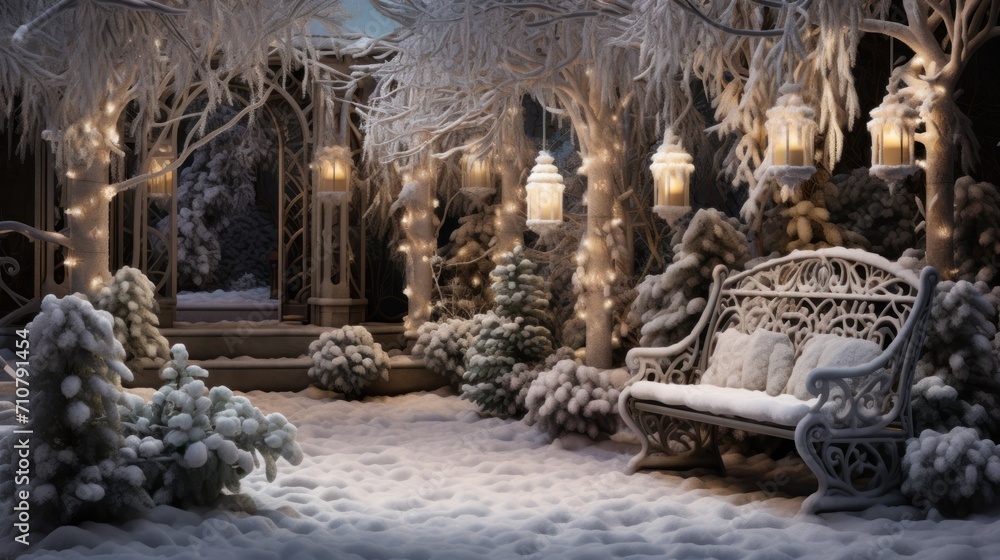 a bench sitting in the middle of a snow covered park with trees and lights on either side of the bench. a bench sitting in the middle of a snow covered park with trees and lights on either side of the bench.