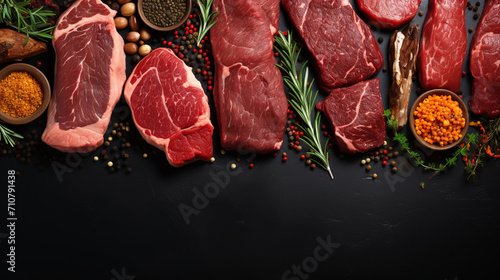 Various protein sources concept - fish, pork. Top view. On a black stone background.