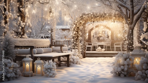  a winter scene of a snow covered park with a bench and a gazebo decorated with lights and garlands.
