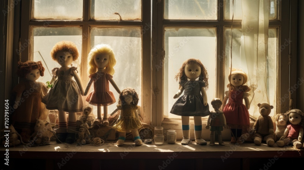  a group of dolls sitting on top of a window sill next to a bunch of teddy bears in front of a window.