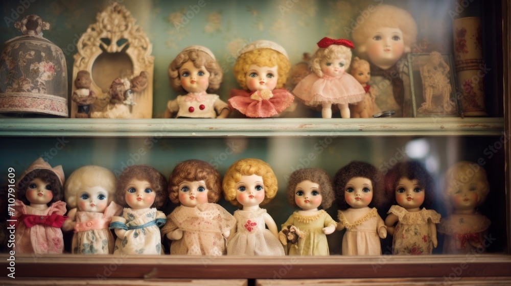 a close up of a shelf with a bunch of dolls on top of it and a clock in the background. a close up of a shelf with a bunch of dolls on top of it and a clock in the background.