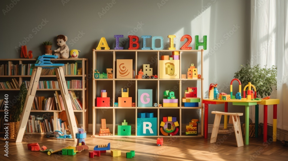 a child's playroom with a ladder, bookshelf, toys and a teddy bear on the floor. a child's playroom with a ladder, bookshelf, toys and a teddy bear on the floor.