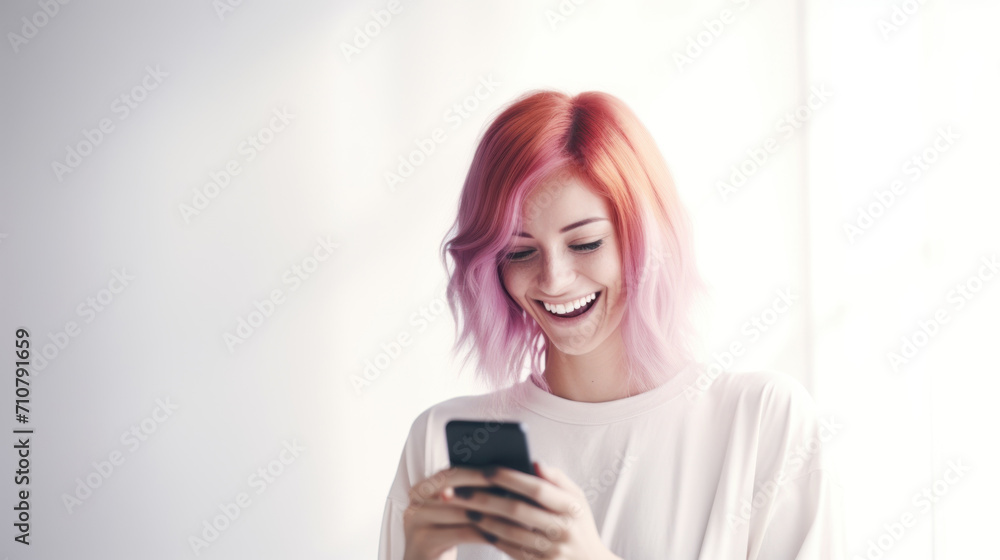 A pink-haired young woman looking at the smartphone and laughing closeup. A pink-haired young woman looking at the smartphone and laughing closeup.