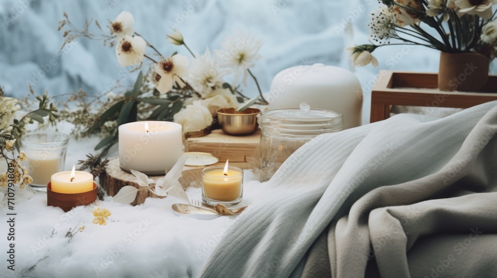 a couple of candles sitting on top of a bed next to a vase of flowers and a vase of flowers. a couple of candles sitting on top of a bed next to a vase of flowers and a vase of flowers.
