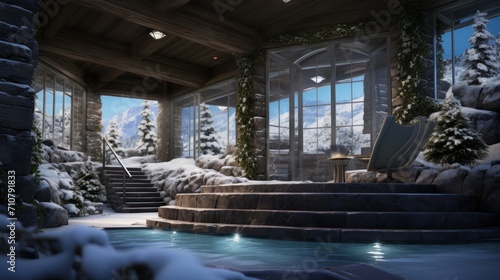  a room with a pool in the middle of it and a lot of snow on the ground next to it.