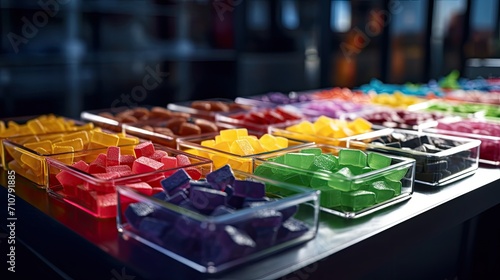 gummy candy for sale in a market, a composition in a minimalist modern style, focusing on the vibrant colors and textures of the gummy candies.