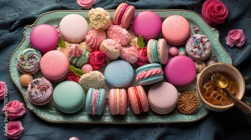  a tray filled with lots of different colored macaroons and a cup of coffee on a blue table cloth.