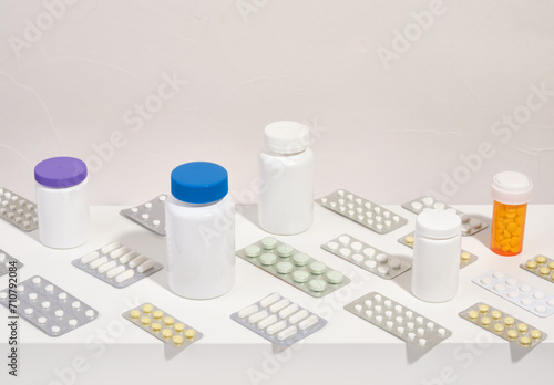 Pattern of blister packs and pills. Pills and capsules.