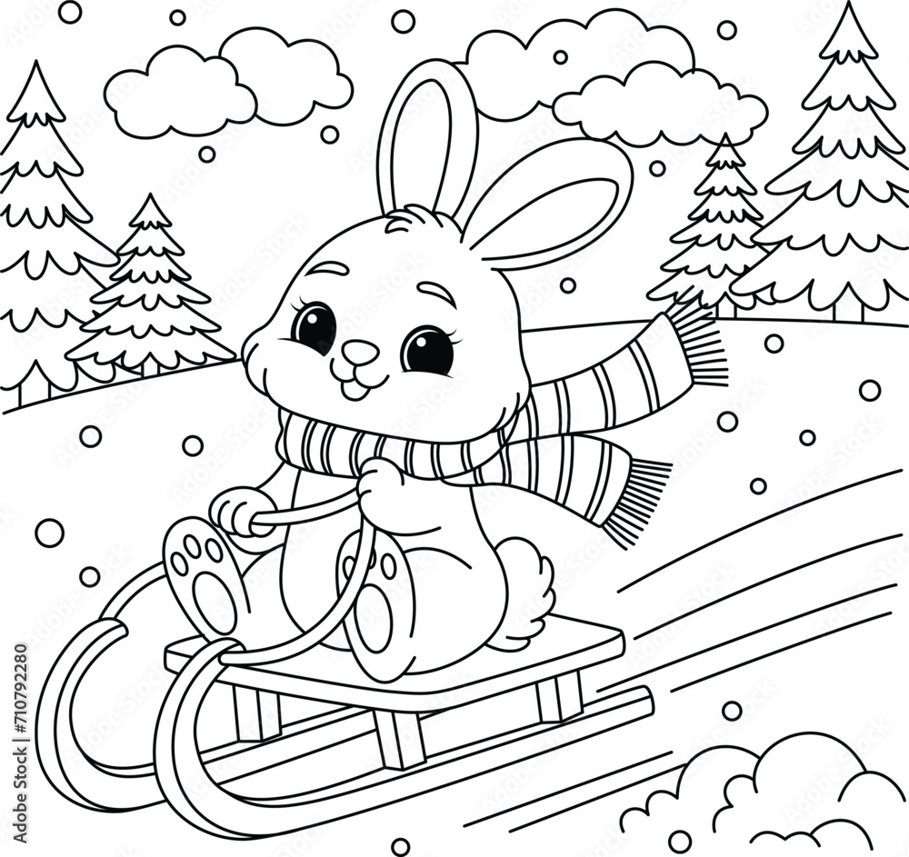 Cute rabbit sledding coloring page. Winter colouring book