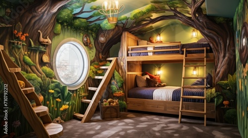  a child's bedroom with a tree mural on the wall and a bunk bed with a ladder leading up to it. photo