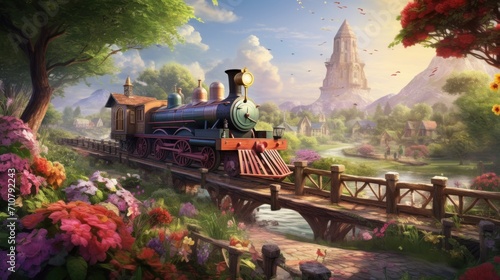  a painting of a train going over a bridge in the middle of a flowery area with a castle in the background. photo