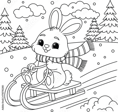 Obraz na płótnie Cute rabbit sledding coloring page. Winter colouring book w salonie