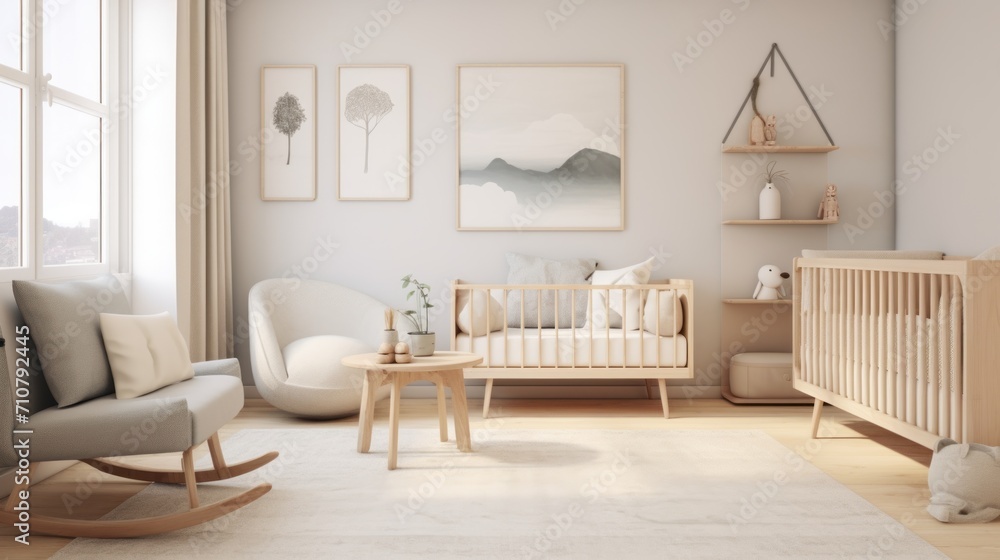  a baby's room with a rocking chair, crib, crib bed, and a rocking chair.