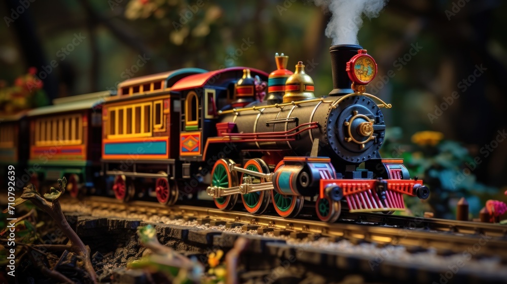  a close up of a toy train on a track with smoke coming out of the top of the train and trees in the background.