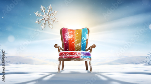 snowfall winter landscape, park bench, abstract background copy space, blurred light white snow falling, christmas postcard view,Lonely chair on white sand of tranquil beach of sea covered with mist
