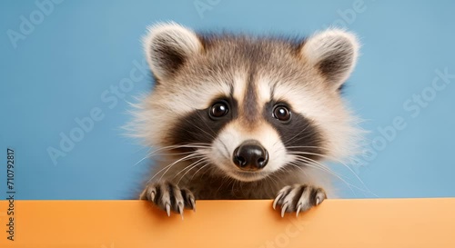 An inquisitive raccoon peering over an orange edge with a bright blue background, showcasing its distinctive facial mask. photo