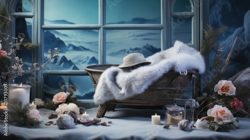  a chair with a fur stole on top of it in front of a window with flowers and candles around it.