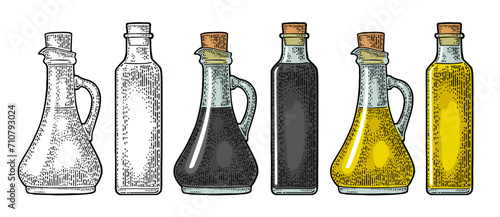 Glass bottle for sauce or oil with cork stopper. Vector color vintage engraving illustration. Isolated on white background