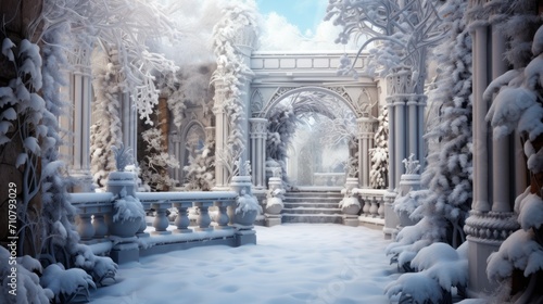  a digital painting of a winter scene with snow covered trees and a stone archway with arches and pillars on either side.