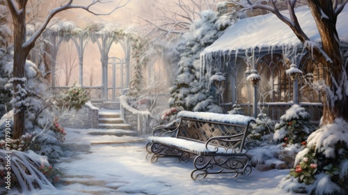  a painting of a snowy winter scene with a bench in the foreground and a gazebo in the background.