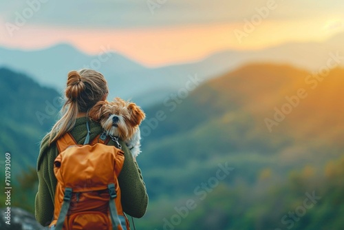 mountain view background and back side of tourist woman. she's traveling with dog. they are best friend. she's holding a dog at view point at mountain. morning light and bokeh photo