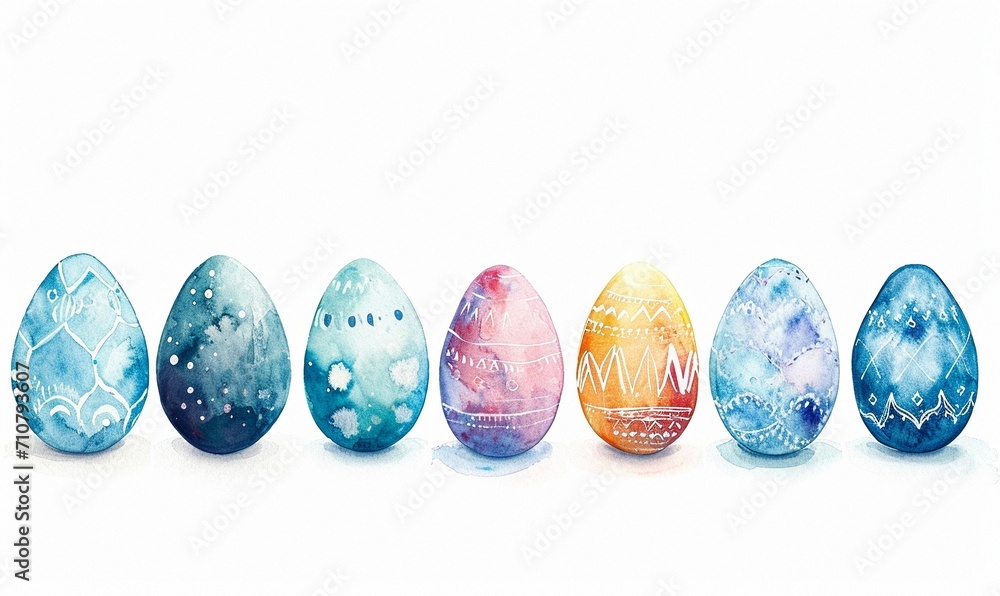 Set of Easter eggs with various ornaments on a white background. Spring holiday. Watercolor drawing for fabric, scrapbooking, wrapping paper, greeting card design template, illustration Set of Easter eggs with various ornaments on a white background. Spring holiday. Watercolor drawing for fabric, scrapbooking, wrapping paper, greeting card design template, illustration