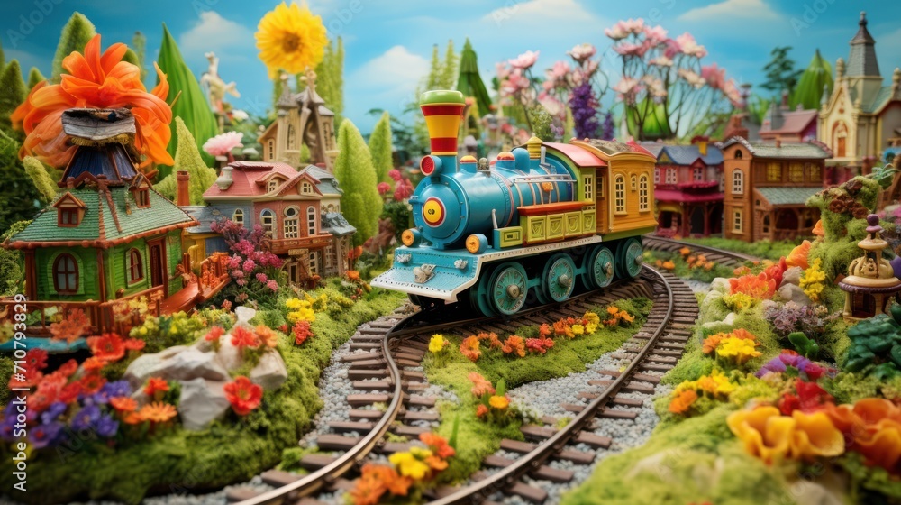 Fototapeta premium a train traveling through a lush green countryside next to a lush green forest filled with lots of trees and flowers.
