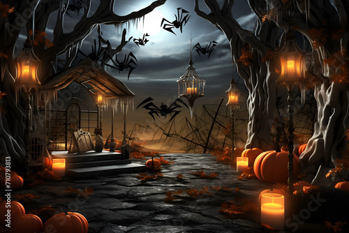 Halloween background with scary pumpkins candles in the graveyard at night with a castle background,Halloween background with pumpkins and haunted house - 3D render. Halloween background 
