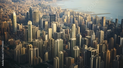  an aerial view of a large city with lots of tall buildings and a body of water in front of it. © Olga