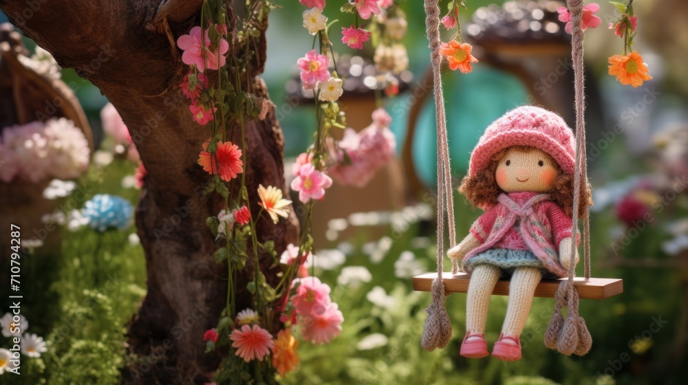  a little girl sitting on a swing in a flowery garden with a pink hat and a pink jacket on.