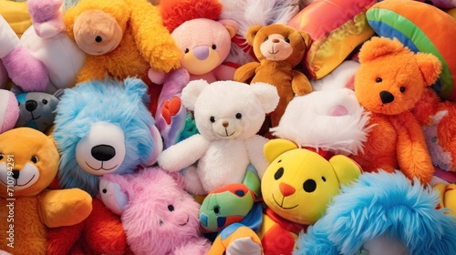  a pile of colorful stuffed animals sitting on top of a pile of other stuffed animals sitting on top of each other. photo
