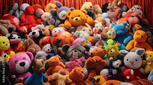  a large pile of stuffed animals sitting on top of a red cloth covered floor in front of a red curtain.