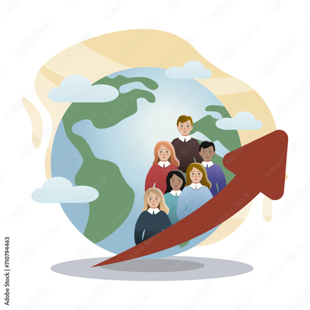 Overpopulation of the planet illustration. Earth, arrow, people. Editable vector graphic design. Overpopulation of the planet illustration. Earth, arrow, people. Editable vector graphic design.